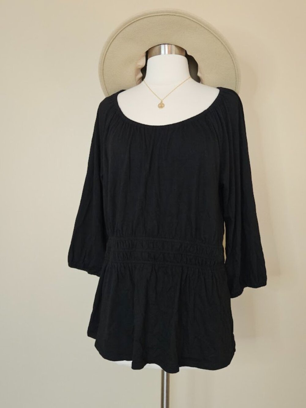 J.Jill Black Scoop Neck Blouse 3/4 Sleeve Cinch Waist Top Shirt Size Boho Medium